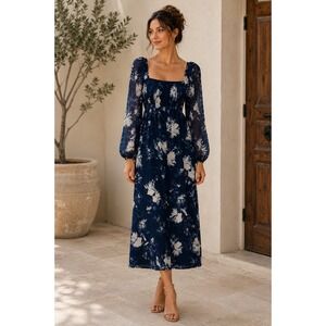 Abercrombie Fitch Navy Floral Midi Dress Long Sleeve Smocked XSP NWT
